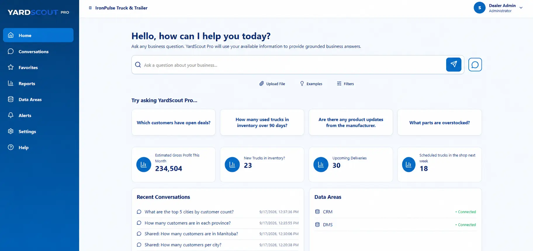 YardScout Pro home screen showing example dealership questions, performance indicators, recent conversations, and connected data areas